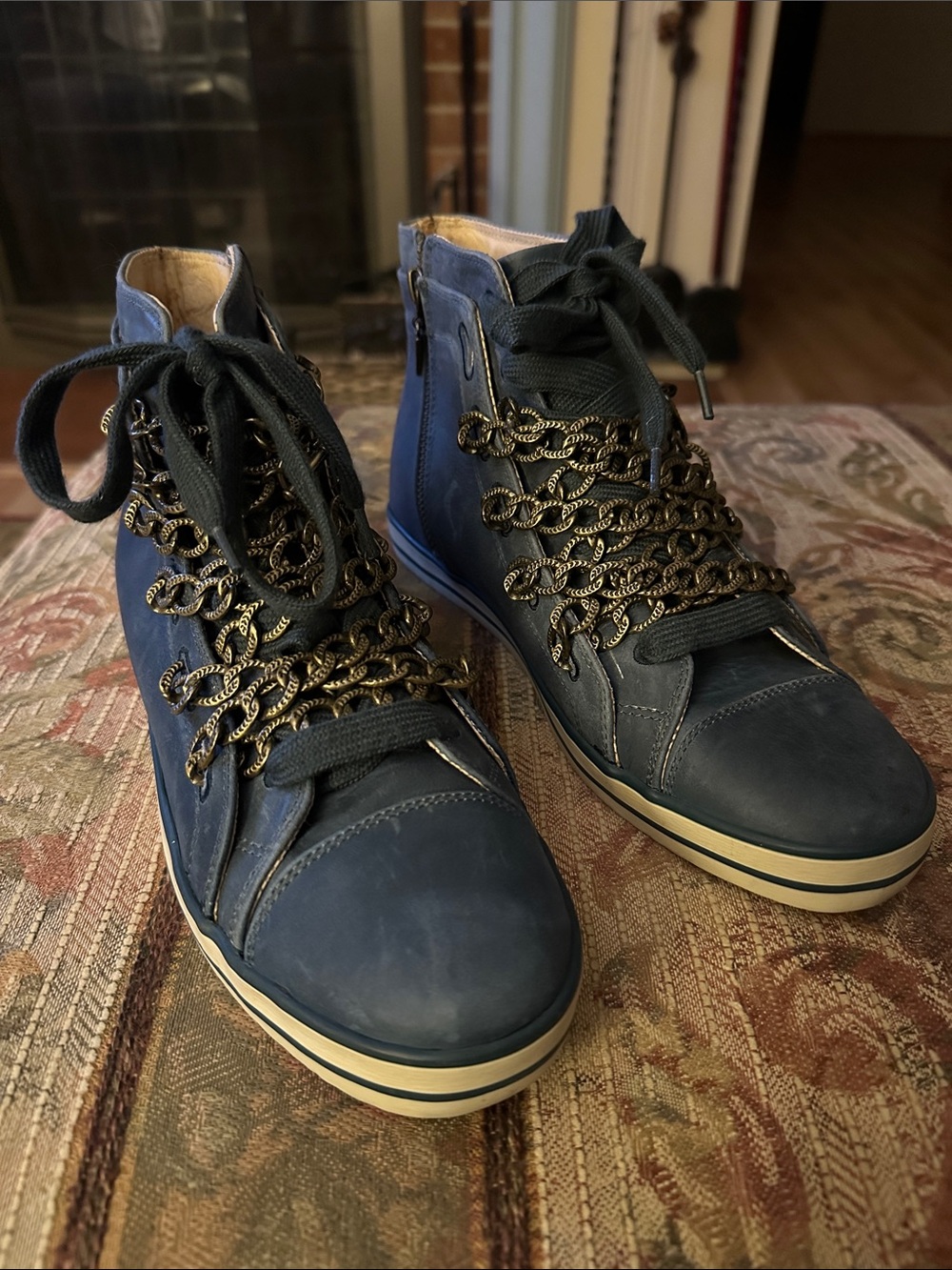 Women’s Navy Leather High-Top Sneakers with Gold-Accent Blue Laces 9